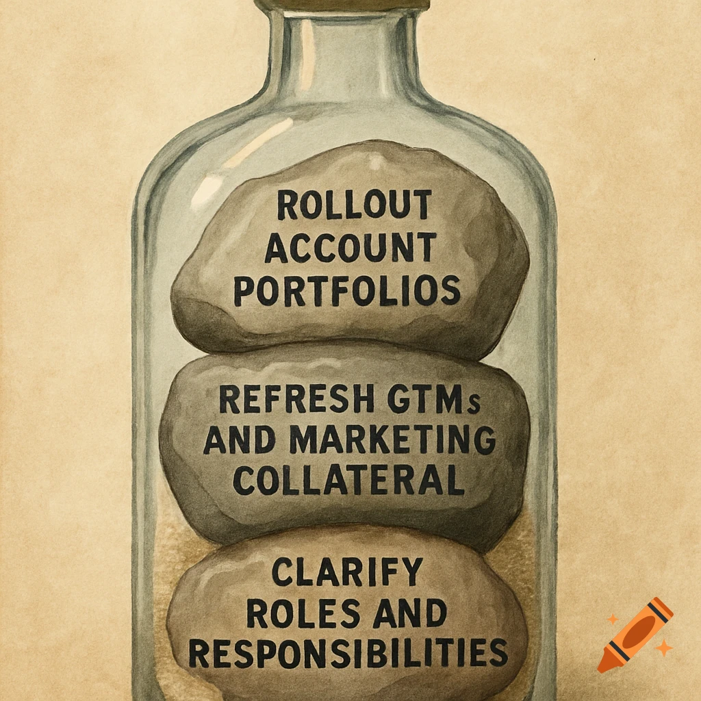 Illustration of a glass bottle containing three large rocks labeled with business tasks: rollout, refresh GTMs, clarify roles, resting on sand.