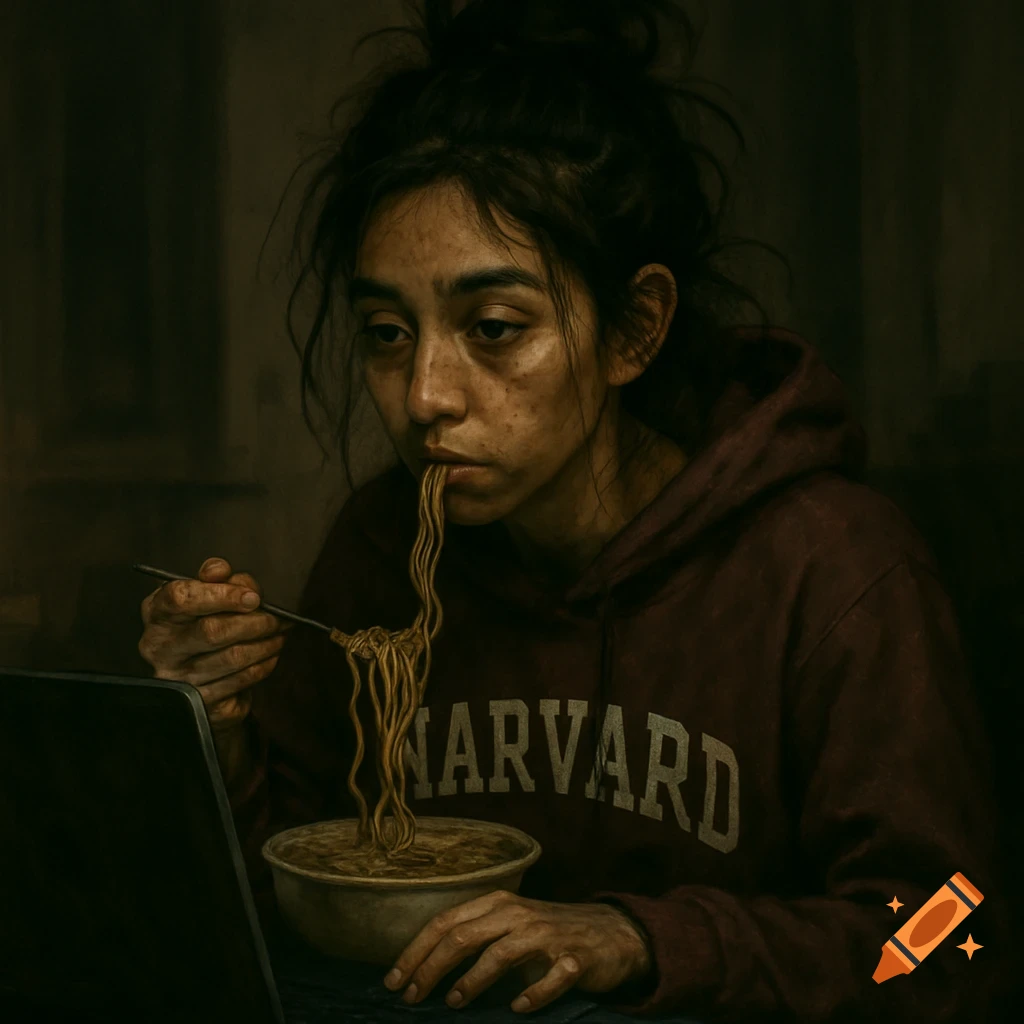A person in a Harvard hoodie eats noodles while looking at a laptop in a dark room.