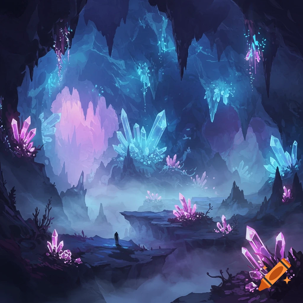 A person stands in a vast, glowing underground cave illuminated by blue and pink crystals.
