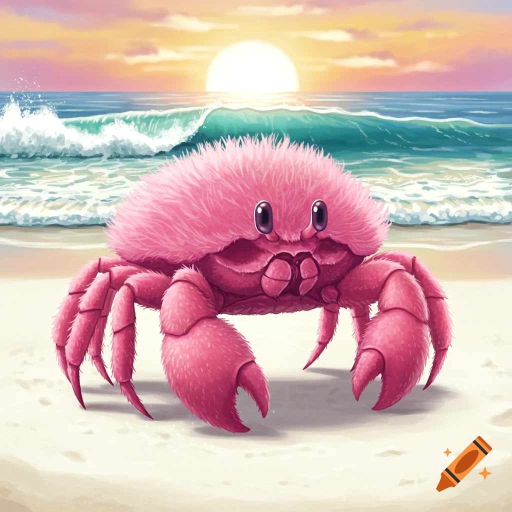 A fluffy pink crab is on a beach with waves and a sunset in the background.