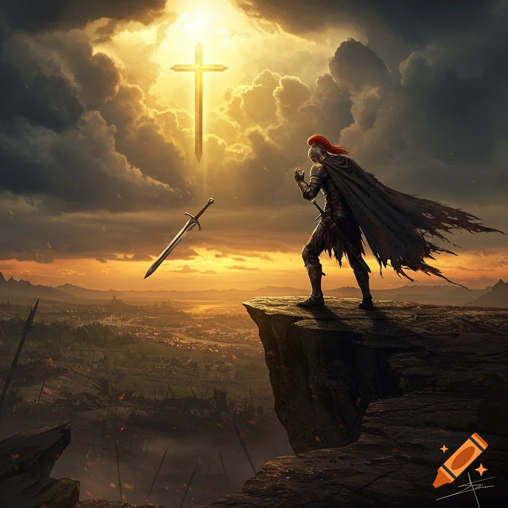 A lone knight stands on a cliff edge overlooking a battlefield as a sword falls. A glowing cross appears in the clouds above.