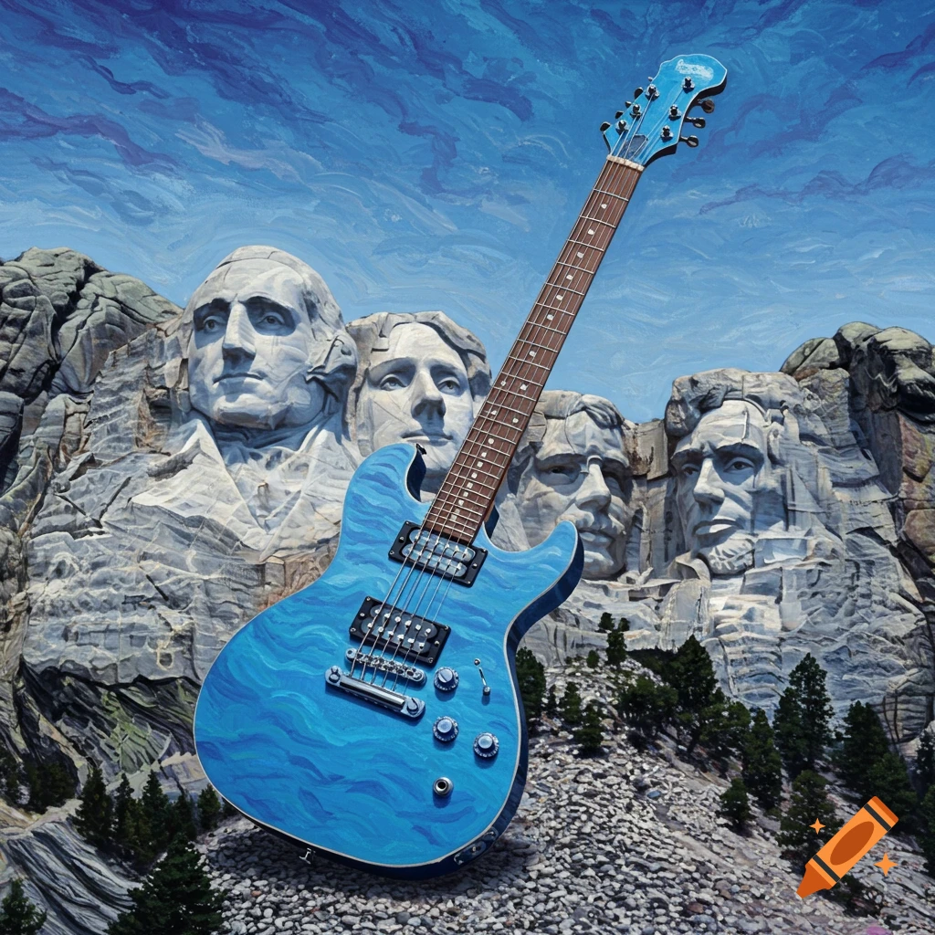 A blue electric guitar is shown floating in front of Mount Rushmore.