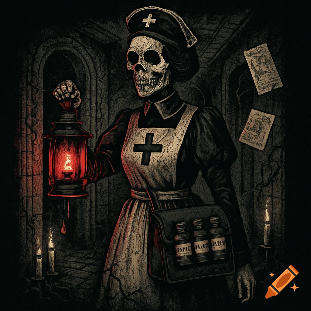 A skeletal figure in a vintage nurse uniform holds a lantern in a dark, decaying hallway.