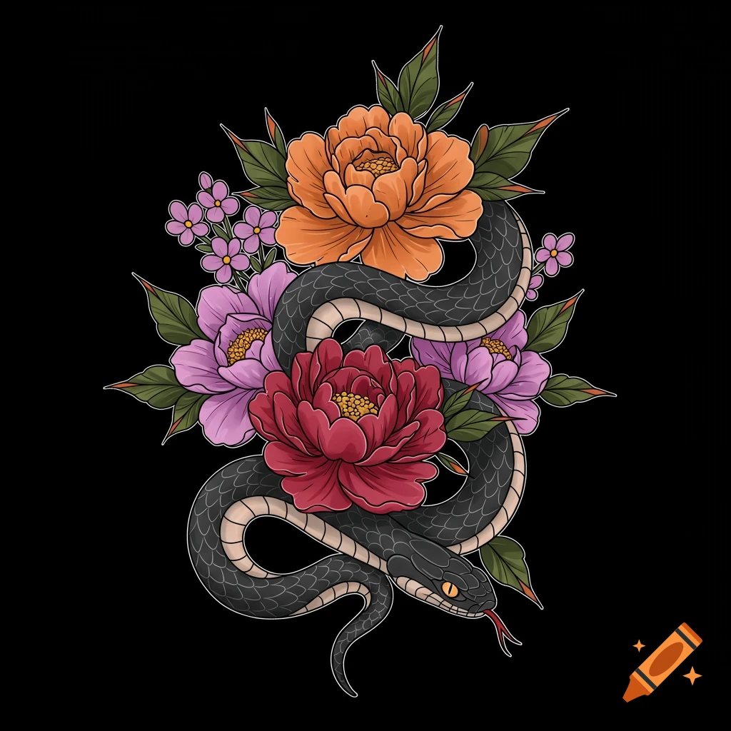 A neo-traditional illustration of a black snake entwined with orange, red, and purple flowers against a black background.
