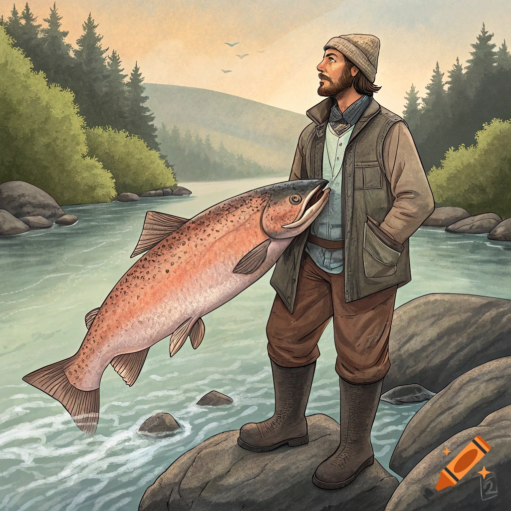 An illustration of a man standing by a river holding a very large salmon fish.