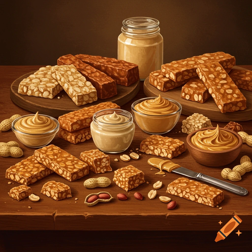 A table with peanut brittle bars, peanut butter jars, bowls of peanut butter, and scattered peanuts.