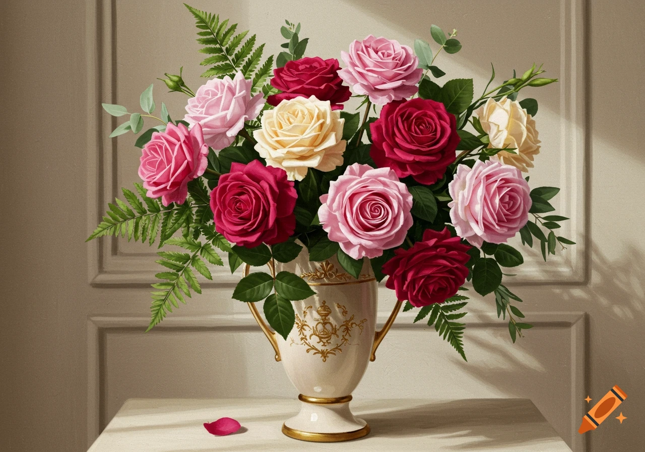 A vase of pink, red, and yellow roses sits on a table with a fallen rose petal.
