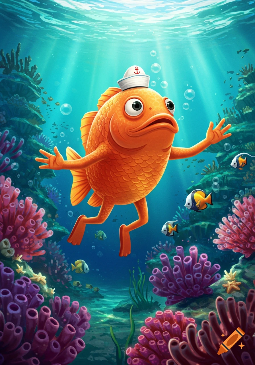 Cartoon orange fish character with arms, legs, and a sailor hat swims in a coral reef.