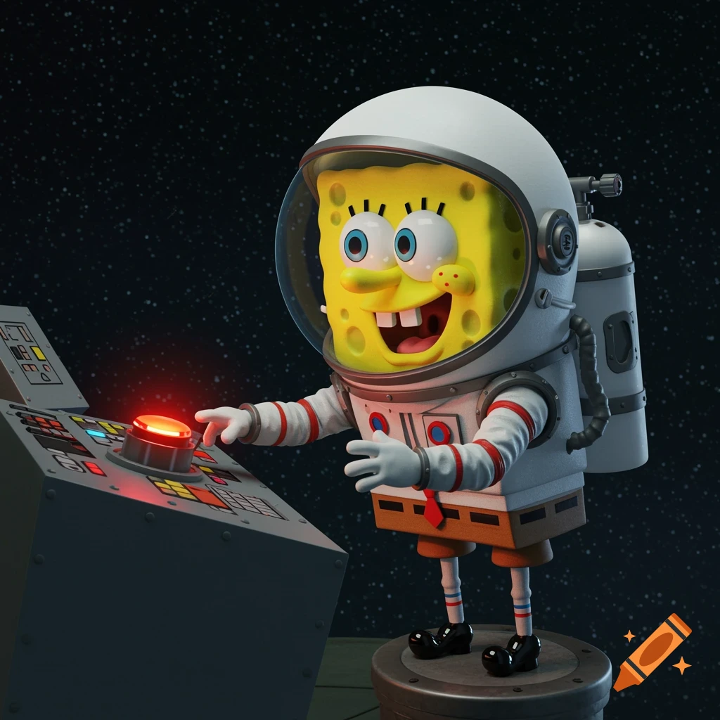SpongeBob SquarePants in a space suit reaches to press a red button on a control panel in outer space.