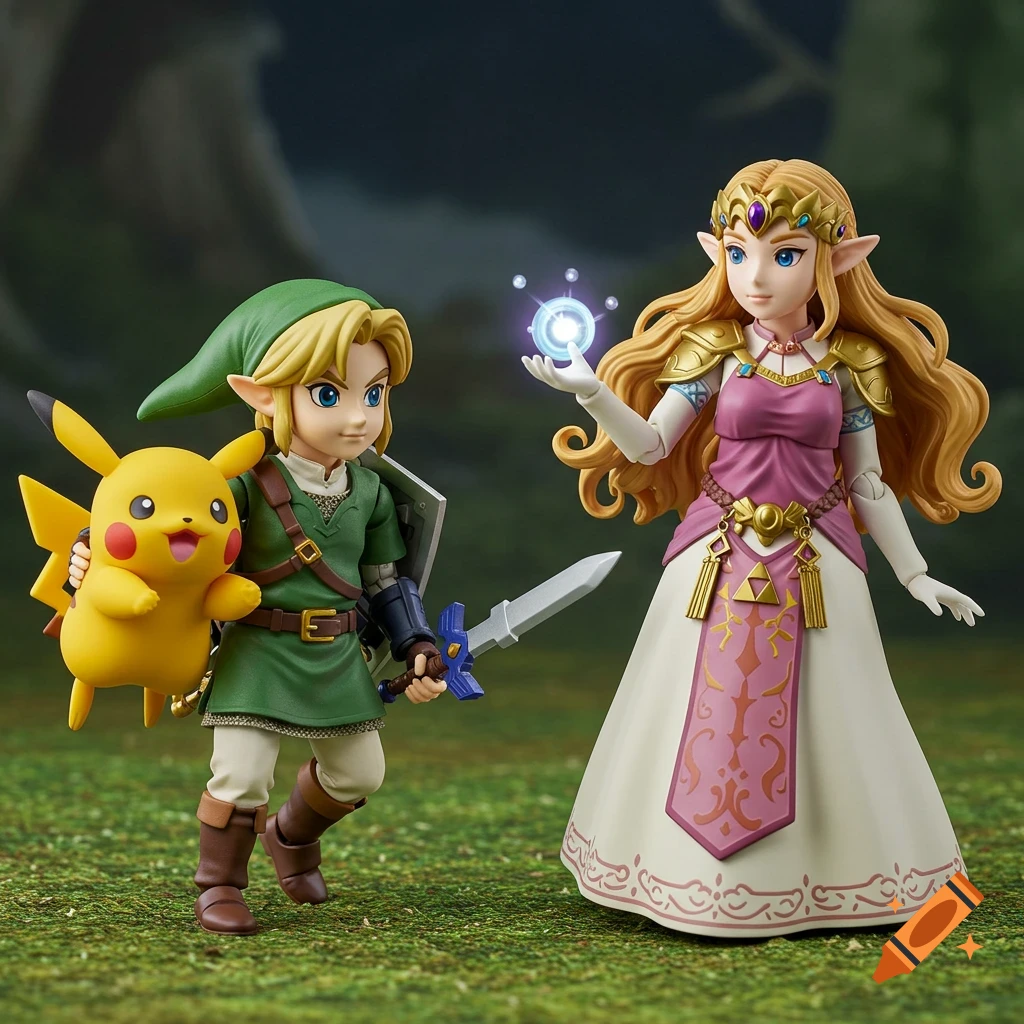 Stylized figures of Link holding Pikachu and Princess Zelda casting a spell in a forest.