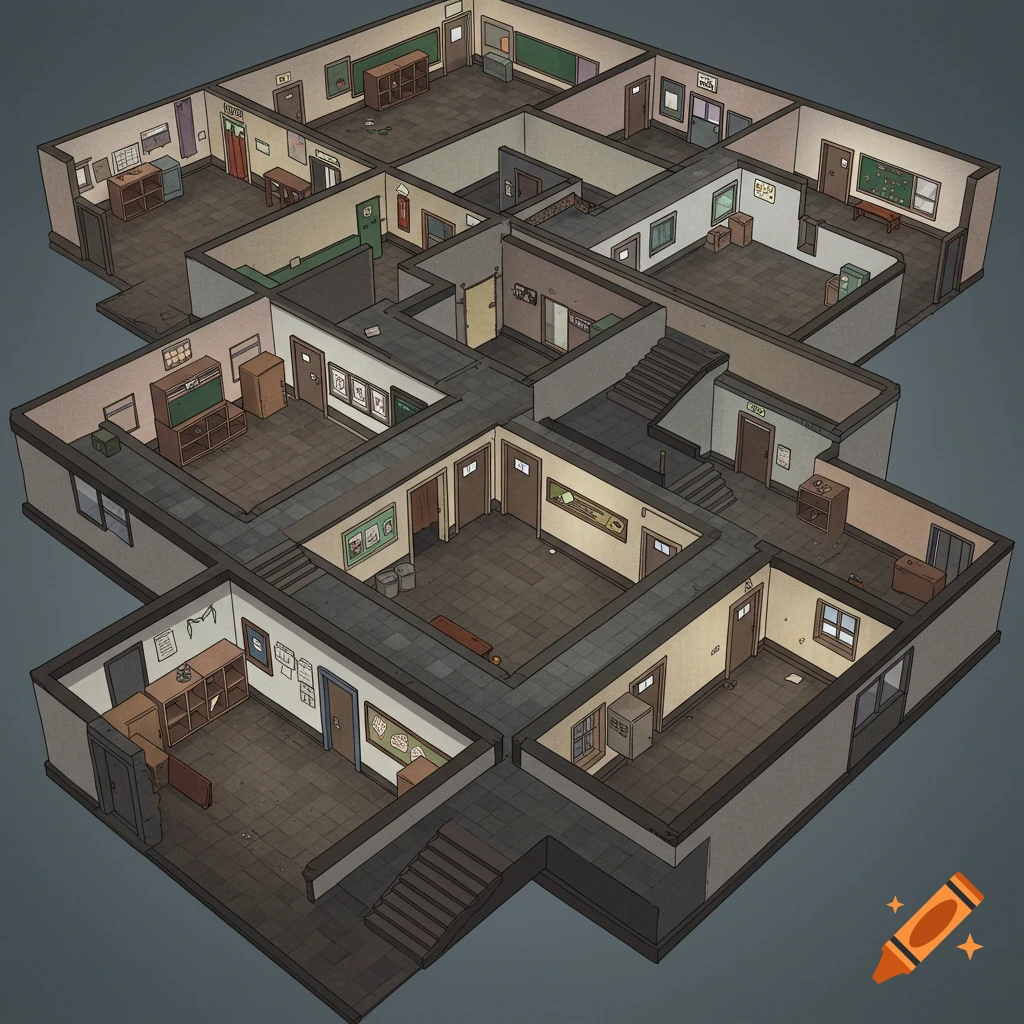 Isometric top-down view of a school interior floorplan with hallways, classrooms, and stairs.