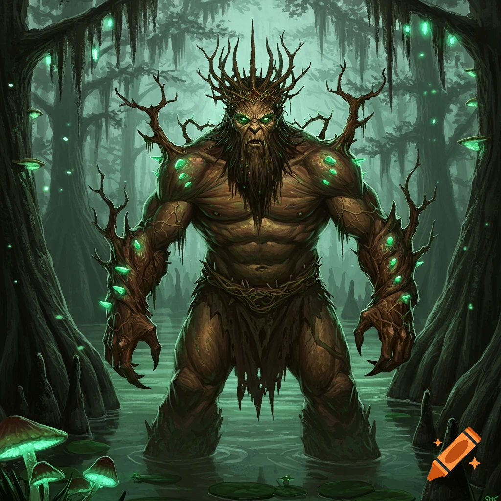 A large, tree-like swamp king creature stands in a glowing green swamp.