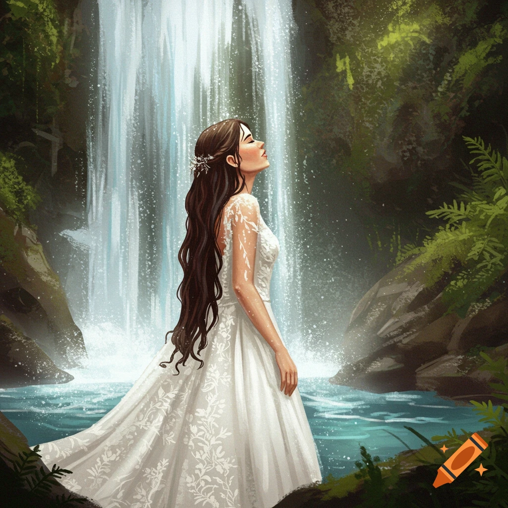 A woman in a white dress stands near a waterfall in a forest.