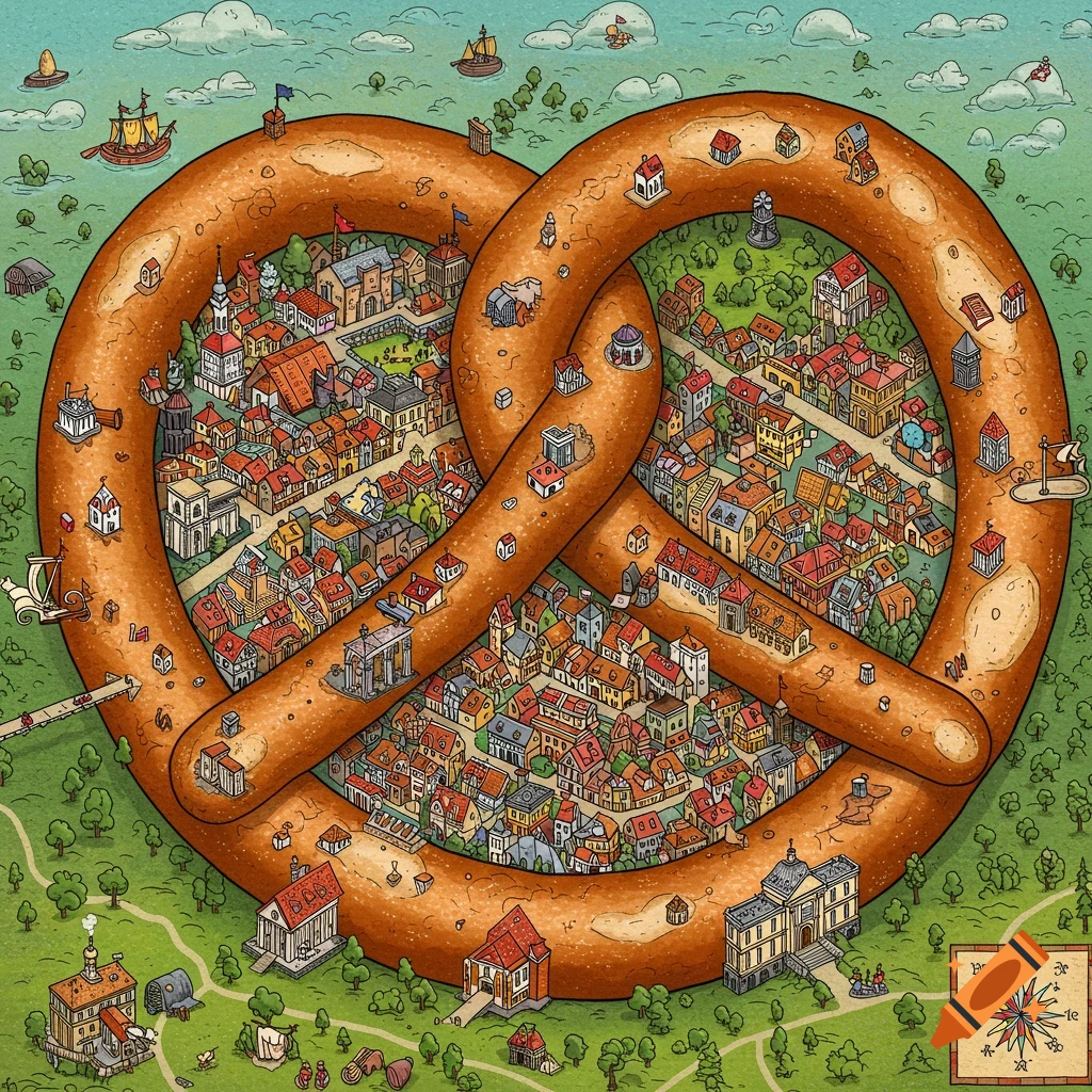A detailed city map is laid out within a giant pretzel shape.