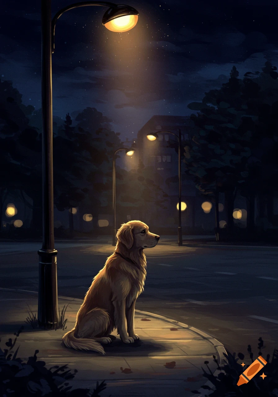 A sad golden retriever sits under a street lamp on a city sidewalk at night