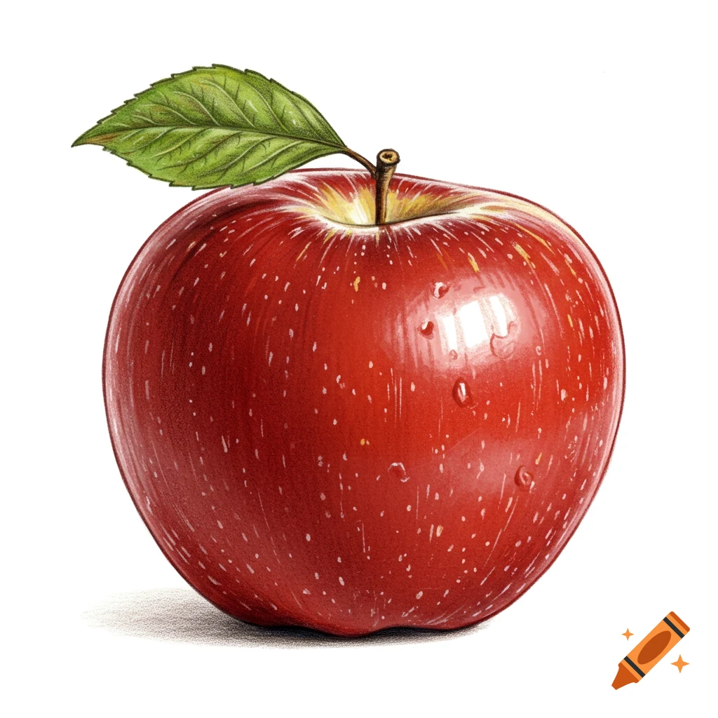Detailed illustration of a red apple with a leaf