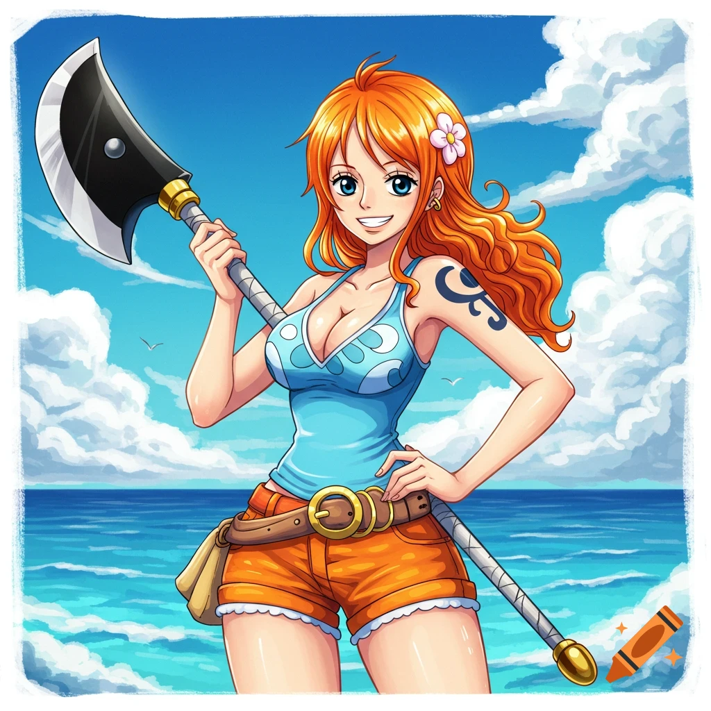 Anime illustration of Nami from One Piece on a beach holding a scythe-like weapon.