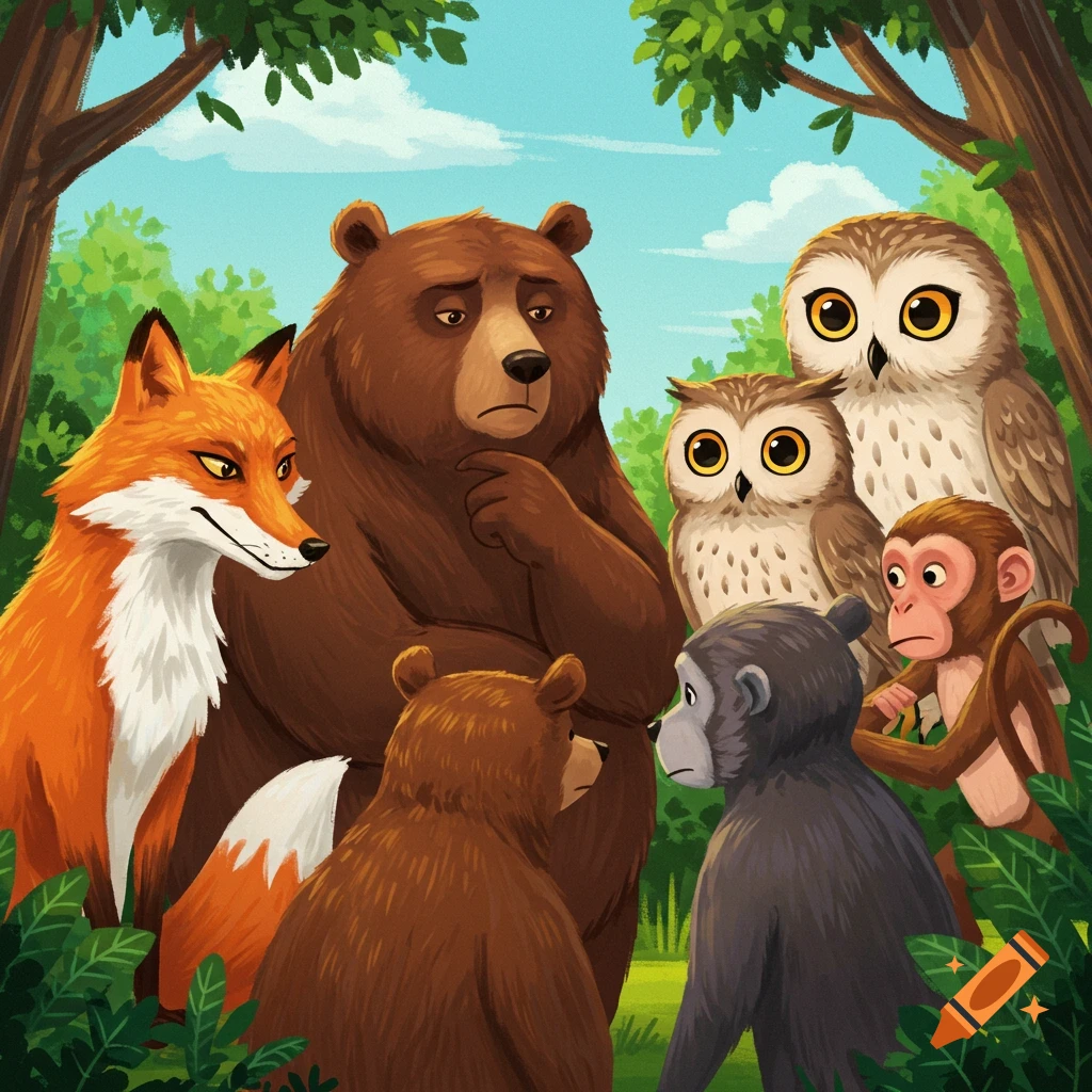 A group of cartoon animals, including a bear, fox, owls, and monkeys, talk in a forest clearing.