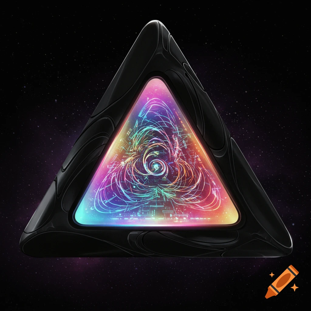 A black triangular object glows with abstract colorful lines and shapes against a starry space background.