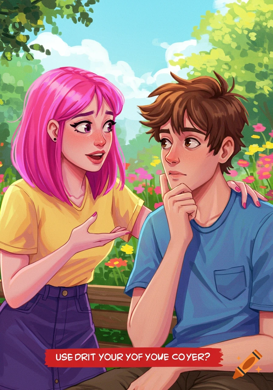 A girl with pink hair is talking to a boy in a park.