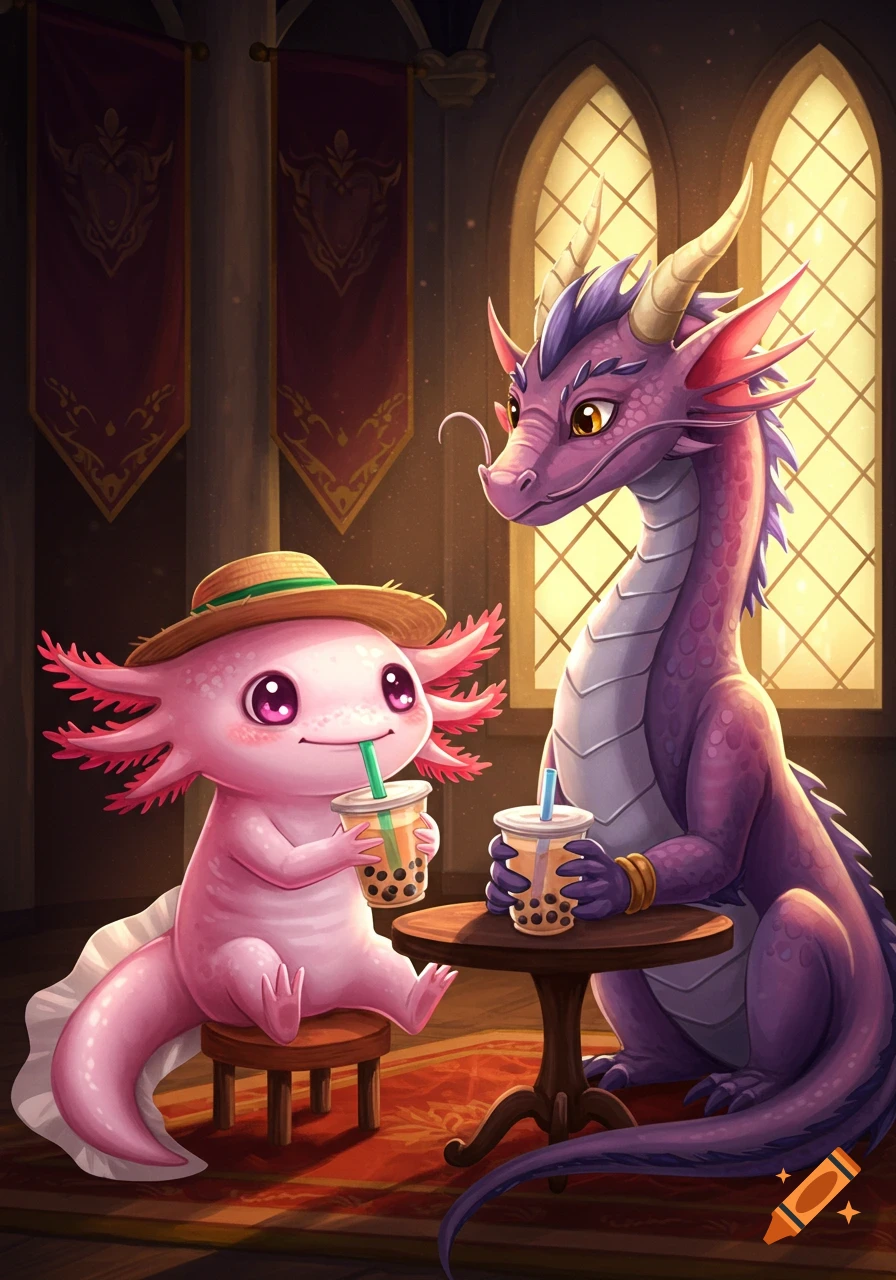 A cute pink axolotl and a purple dragon drink boba at a table in a castle.