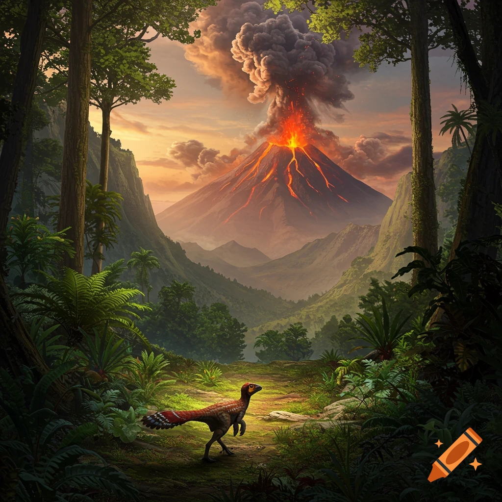 A small dinosaur is in a forest clearing with an erupting volcano in the background.