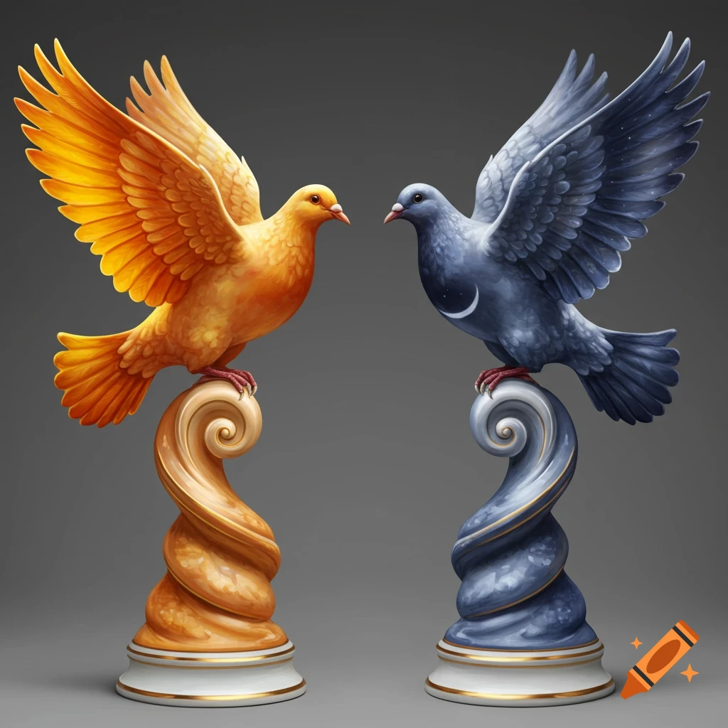 Sun and moon themed dove statues on swirling pedestals.
