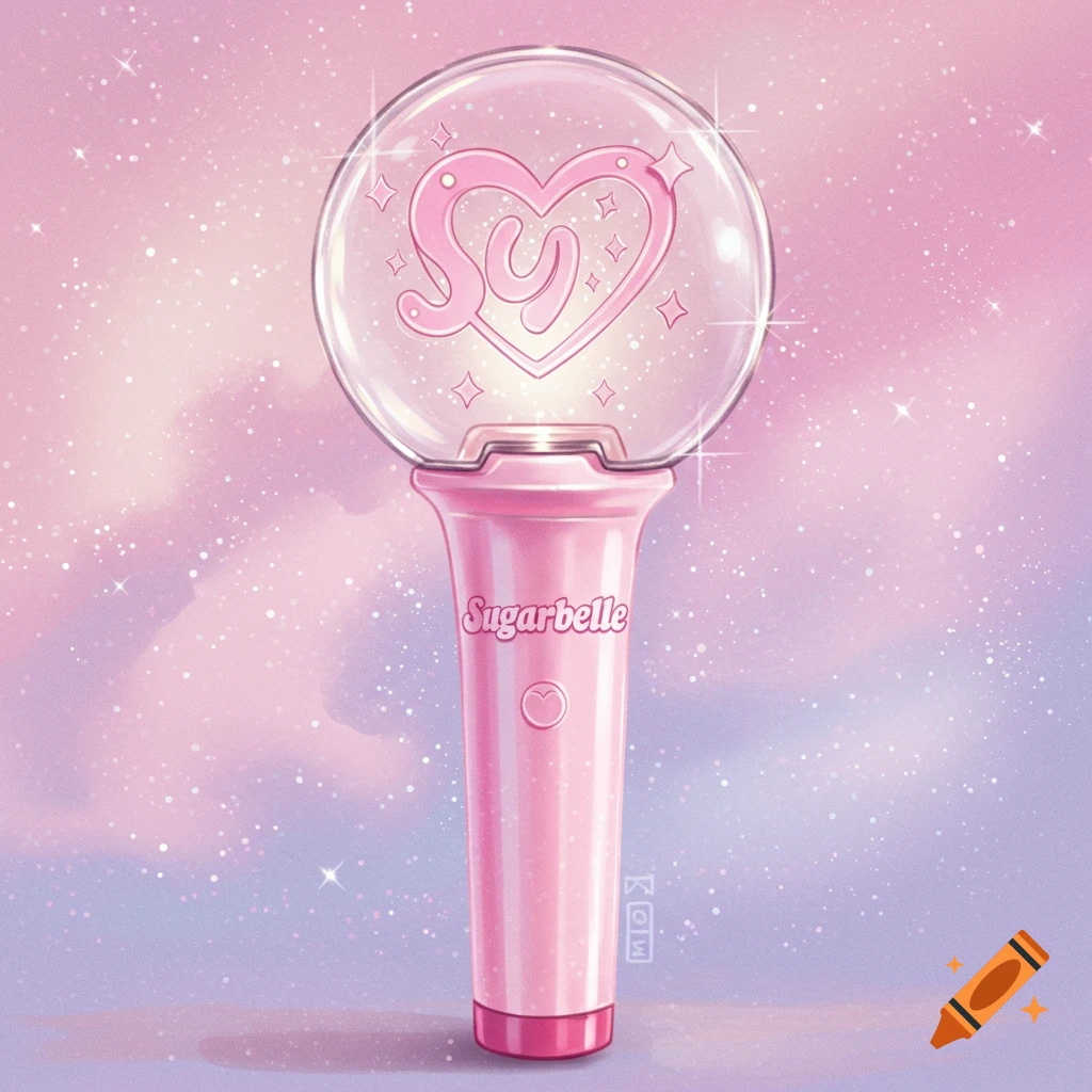 A pink Kpop lightstick with a heart symbol and the name Sugarbelle.