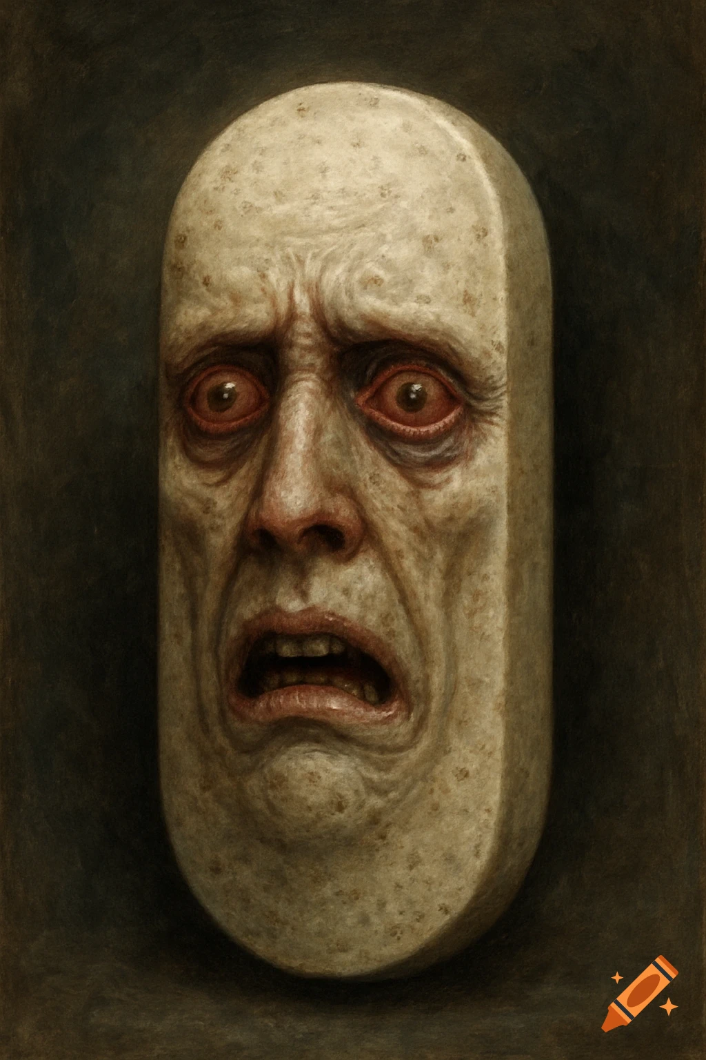 Creepy human face on a large pill