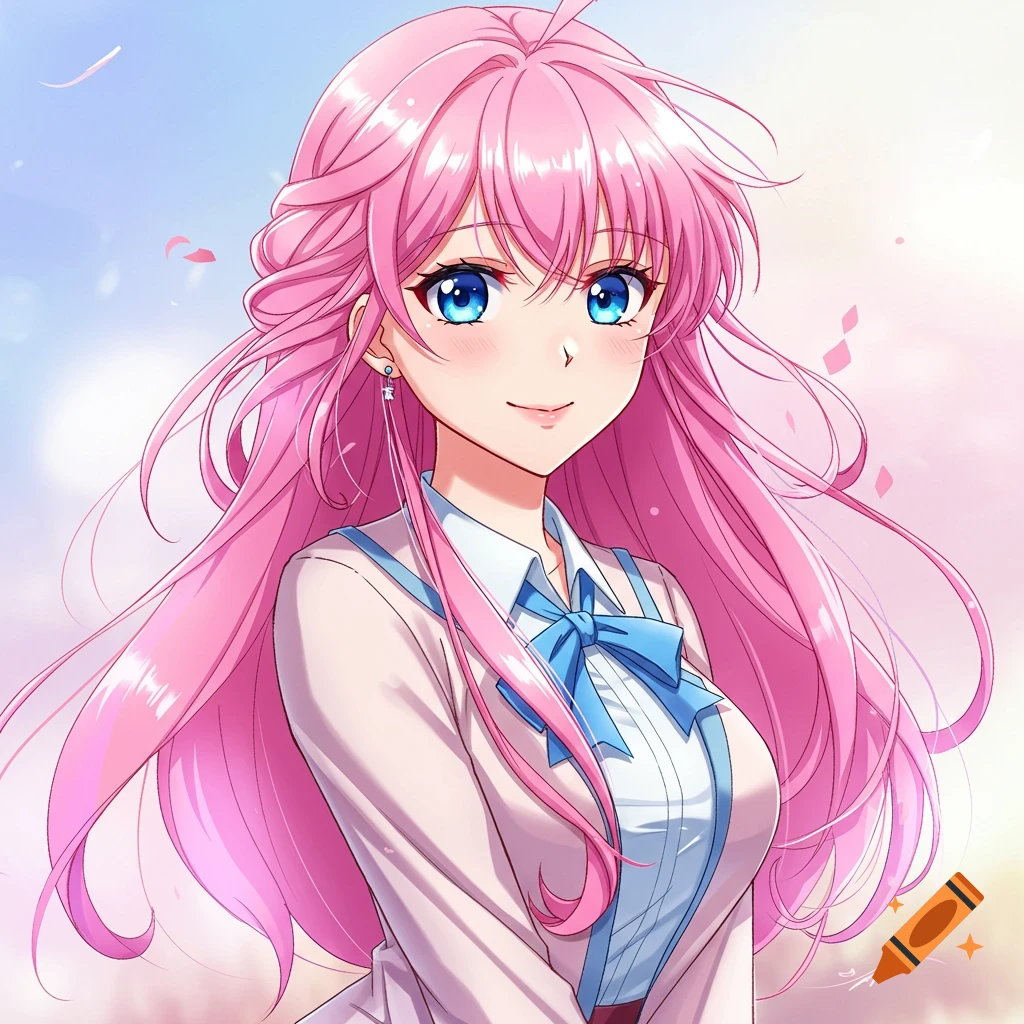 Anime portrait of a girl with long pink hair and blue eyes wearing a school uniform