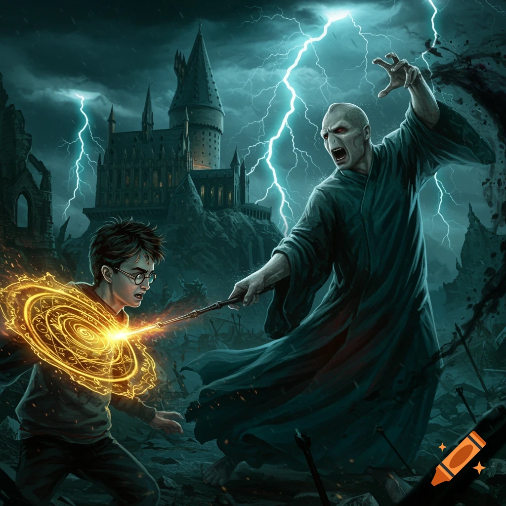 Harry Potter and Lord Voldemort dueling with magic in front of Hogwarts during a lightning storm.