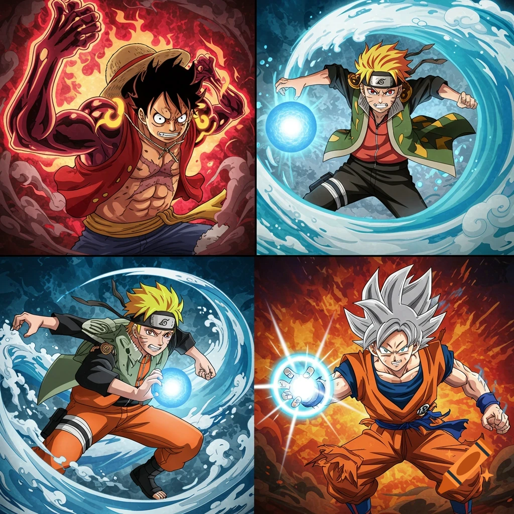 Four anime panels: Luffy, Boruto, Naruto, and Goku charging energy attacks in a stylized art style.