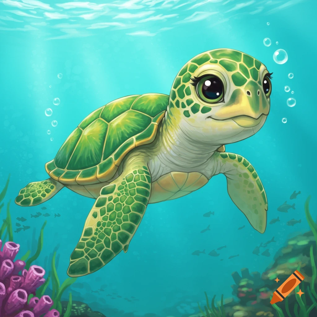 A cute cartoon marine turtle swims underwater near coral and fish.