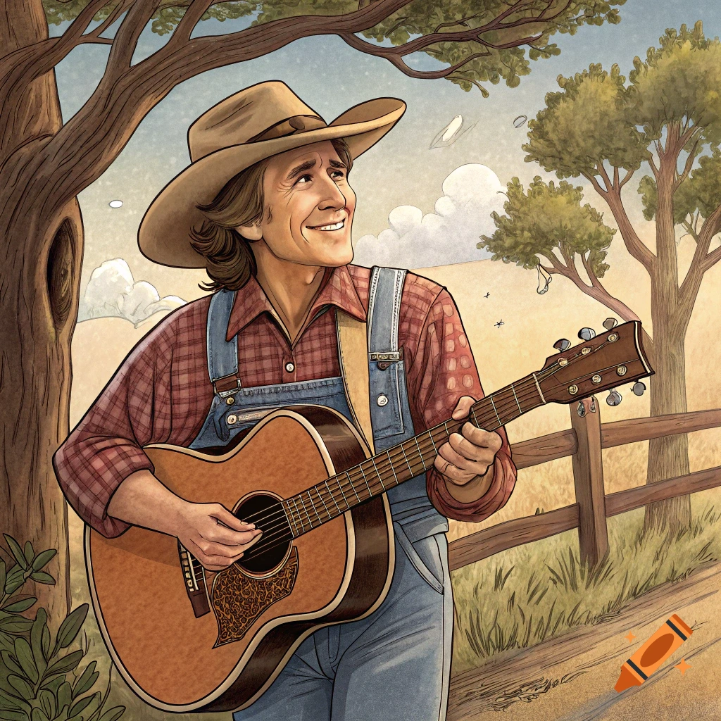 Stylized illustration of a man in a cowboy hat and overalls playing an acoustic guitar outdoors.