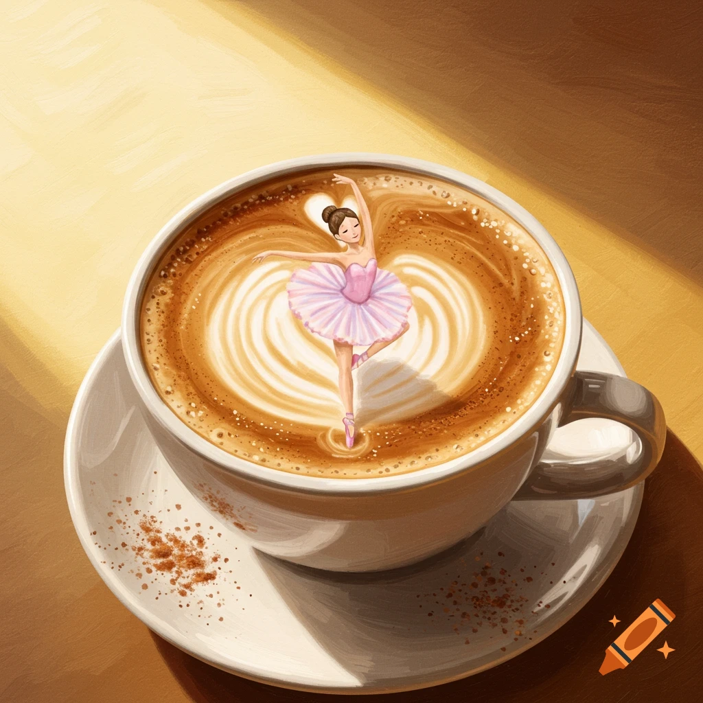 A ballerina dancing in cappuccino art in a coffee cup.