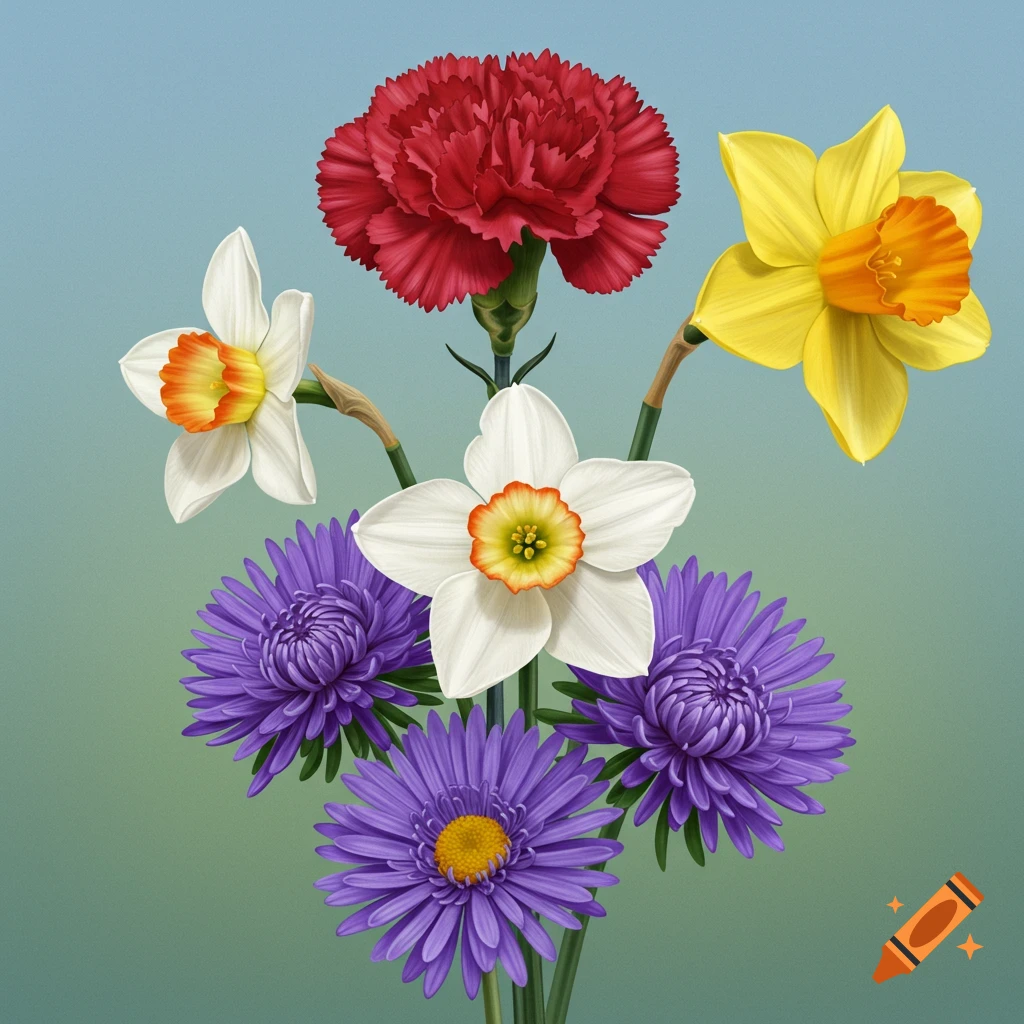 A digital art illustration of a flower bouquet with a red carnation, yellow daffodil, white narcissus, and purple asters.