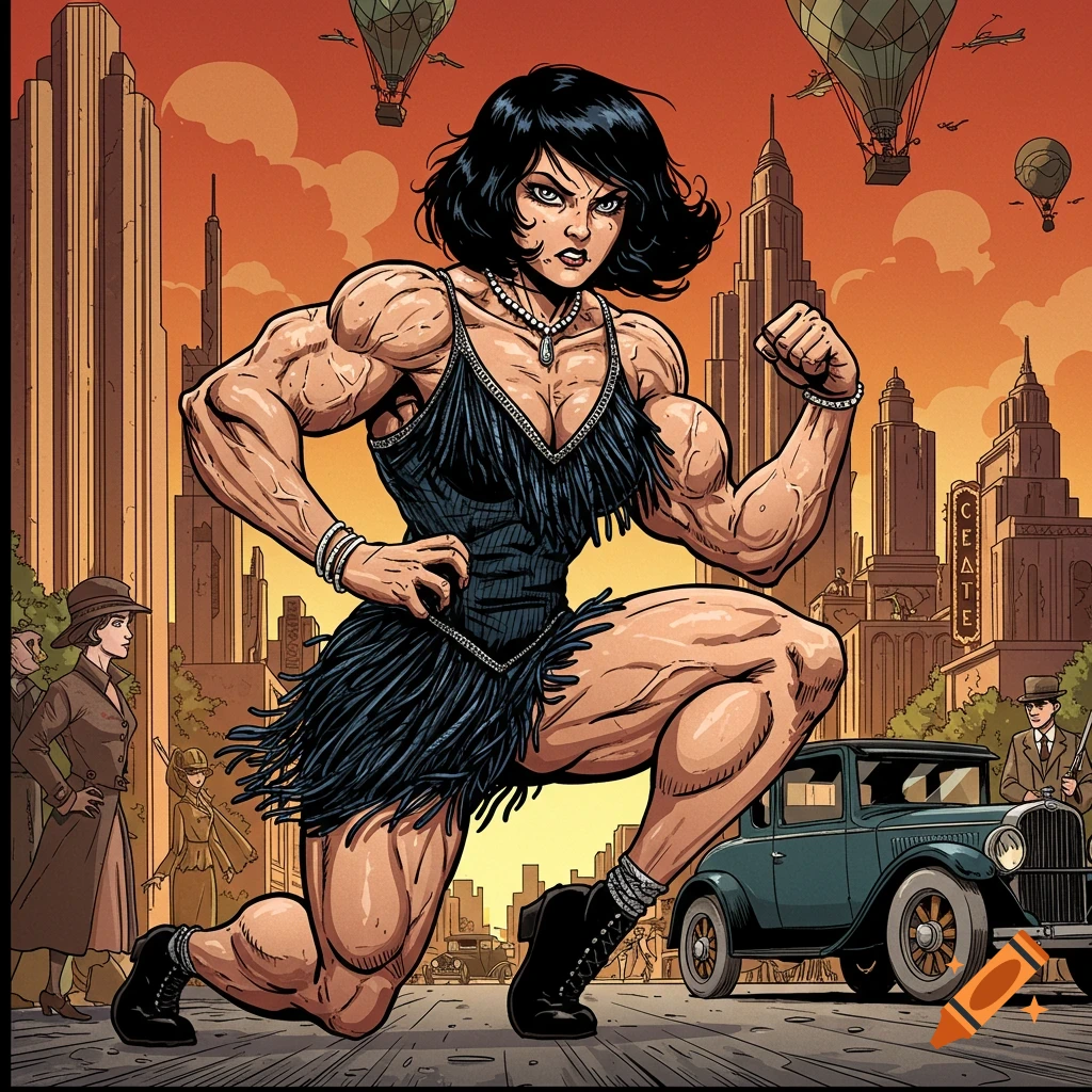 Comic book illustration of a muscular woman in a black flapper dress posing in a 1920s city street.