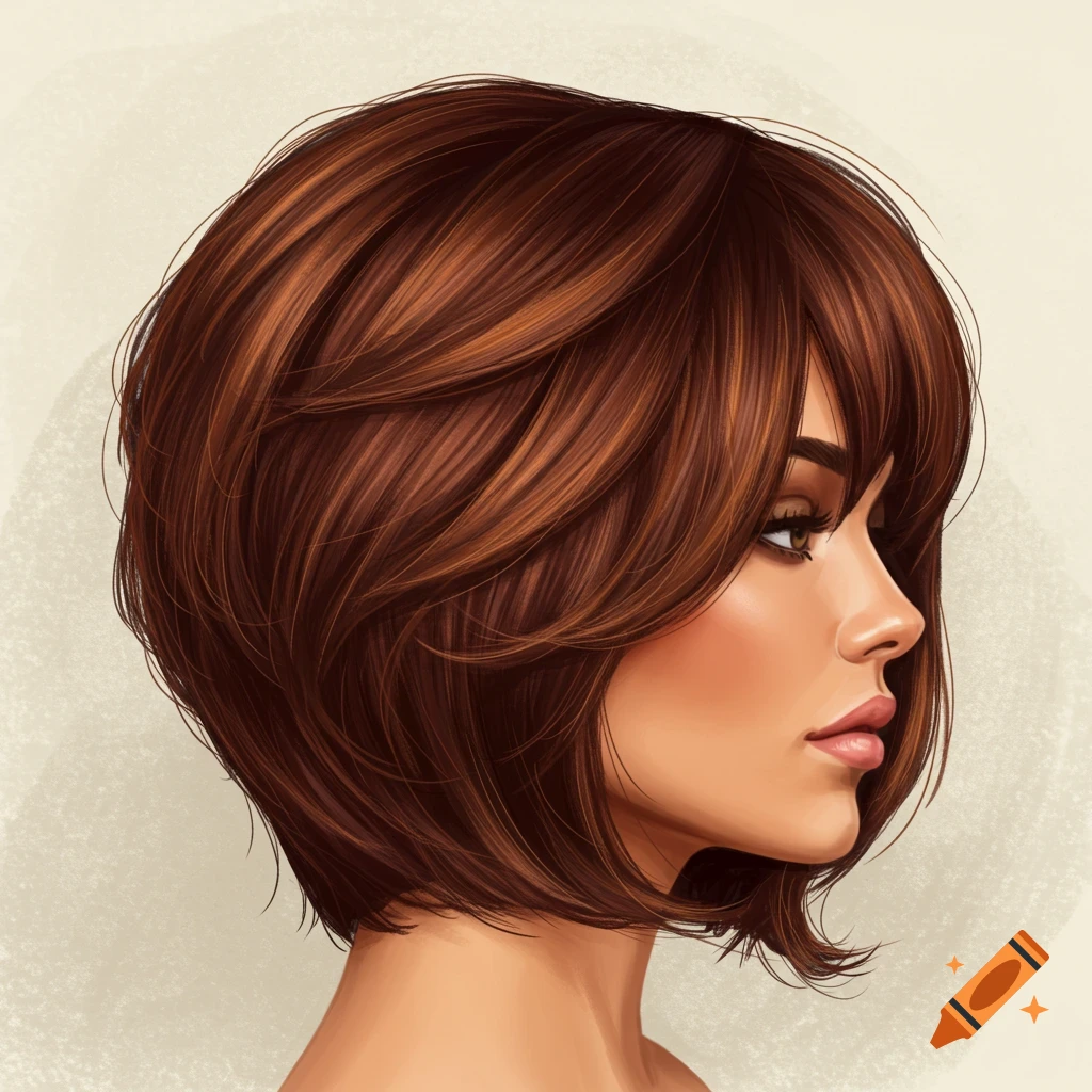 Image of a woman in profile with a short, layered brown bob hairstyle.