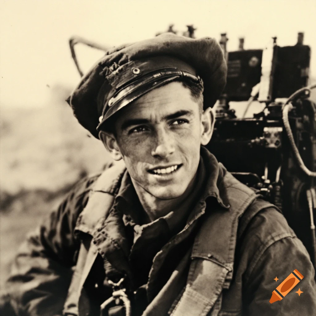 Sepia portrait of a smiling man in a military uniform and hat.