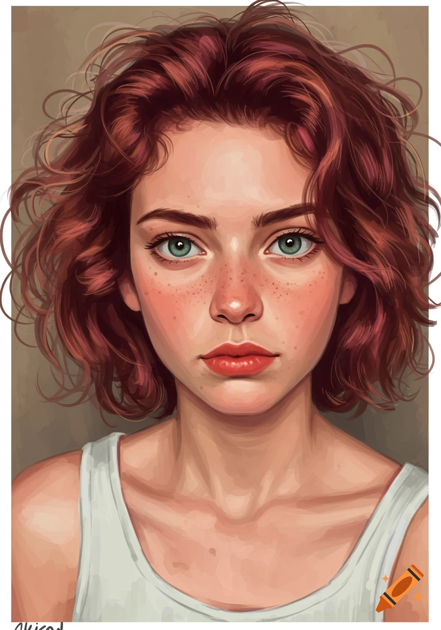 portrait of a young woman with short red hair, green eyes, and freckles, wearing a white tank top.