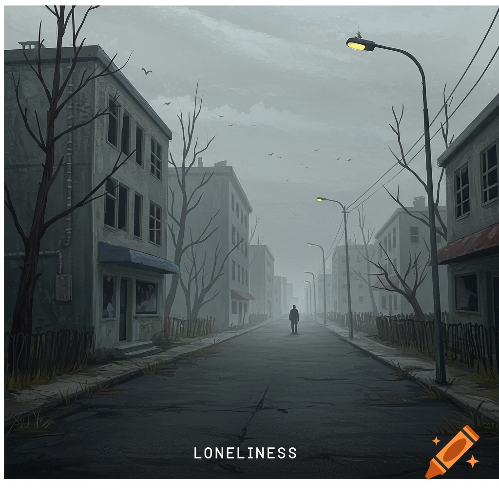 A figure walks down a desolate street in a town with bare trees and grey buildings under a cloudy sky. Text reads 'LONELINESS'.