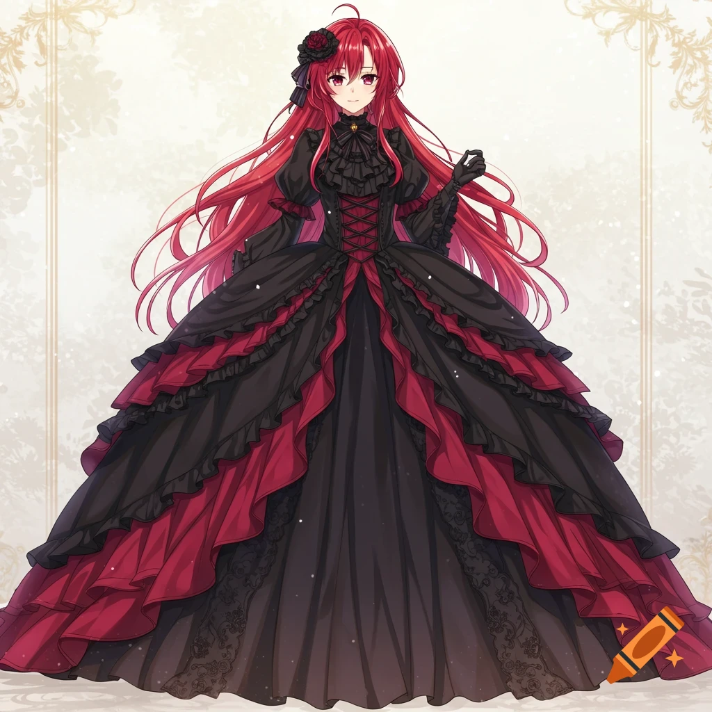An anime girl with long red hair in a black and red gothic Victorian ballgown.