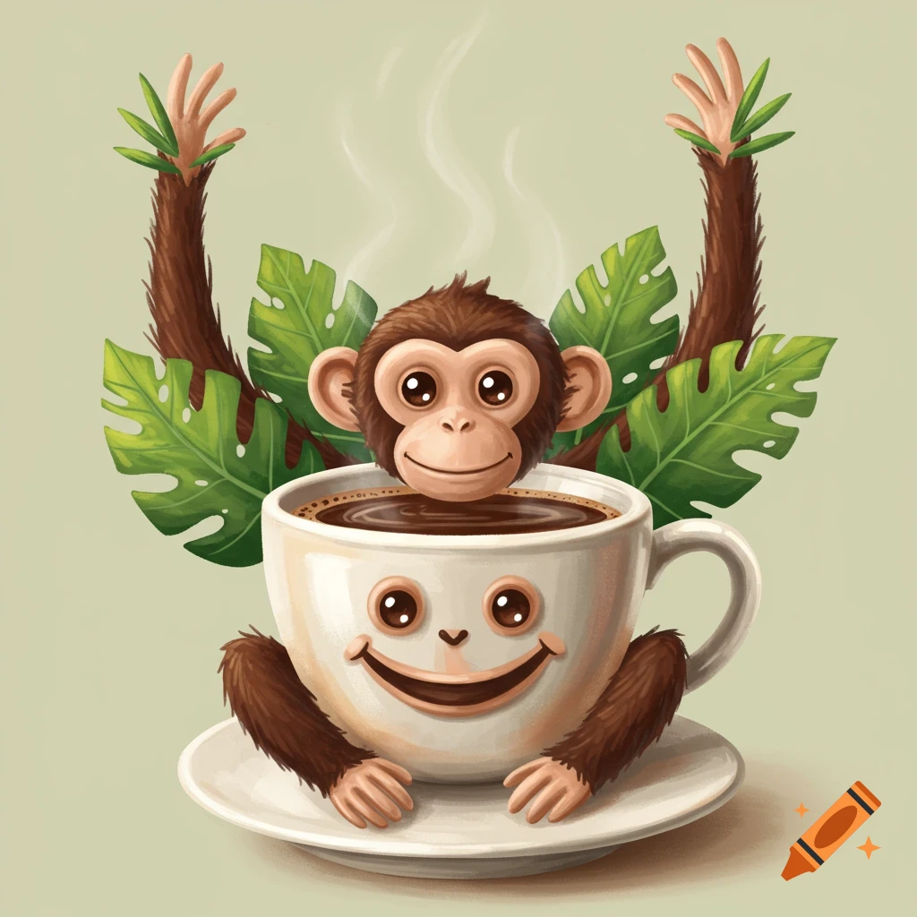 Cartoon illustration of a monkey head and arms emerging from a coffee cup with a smiling face, surrounded by leafy branches.