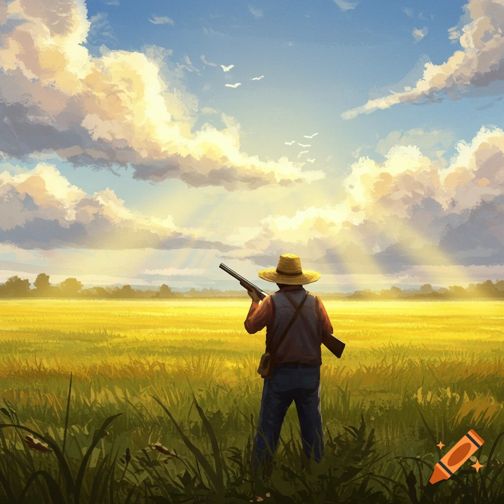 A person with a rifle is standing in a field and looking at birds.
