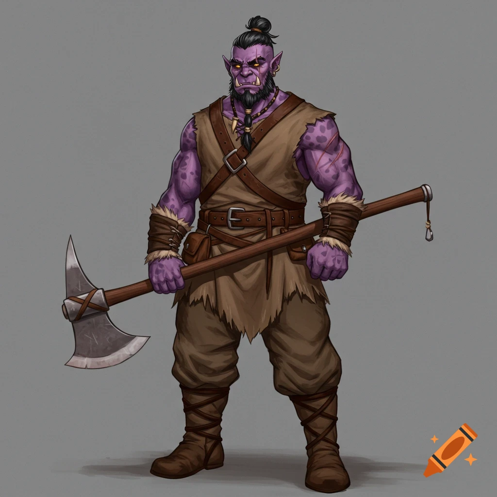 A purple-skinned half-orc warrior with a topknot and beard holds a large greataxe.