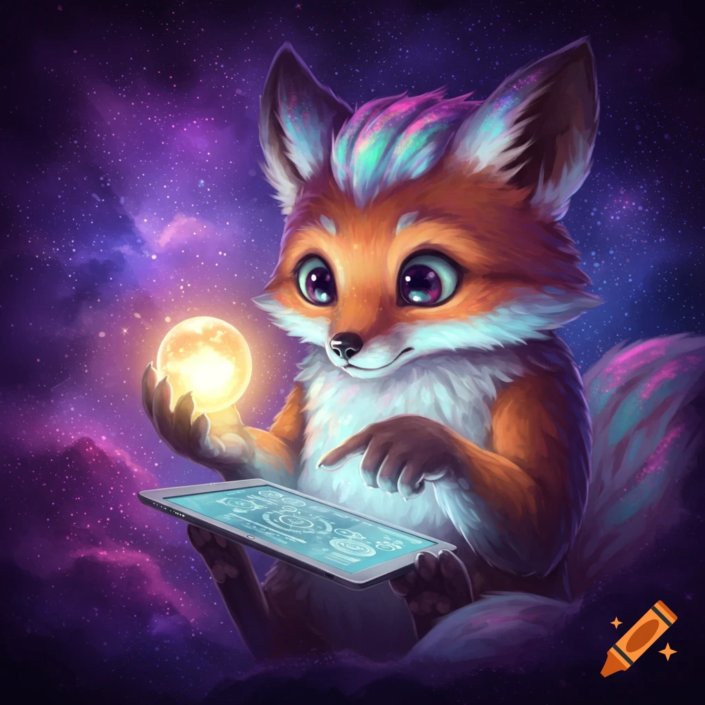 A cute fox holds a glowing orb and taps on a tablet in space.
