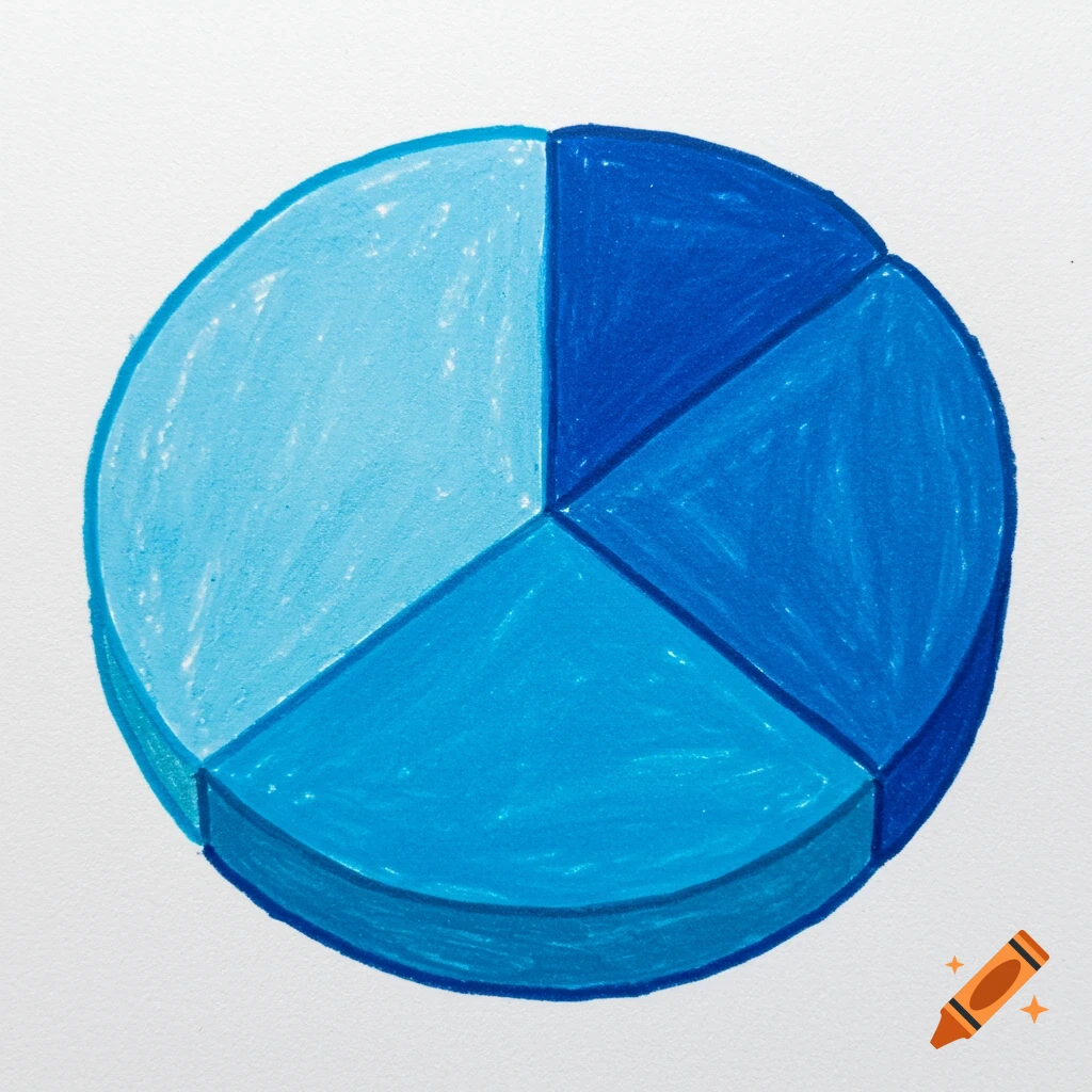 A hand-drawn pie chart colored with blue crayons on a white background. It is divided into three slices of different shades of blue.