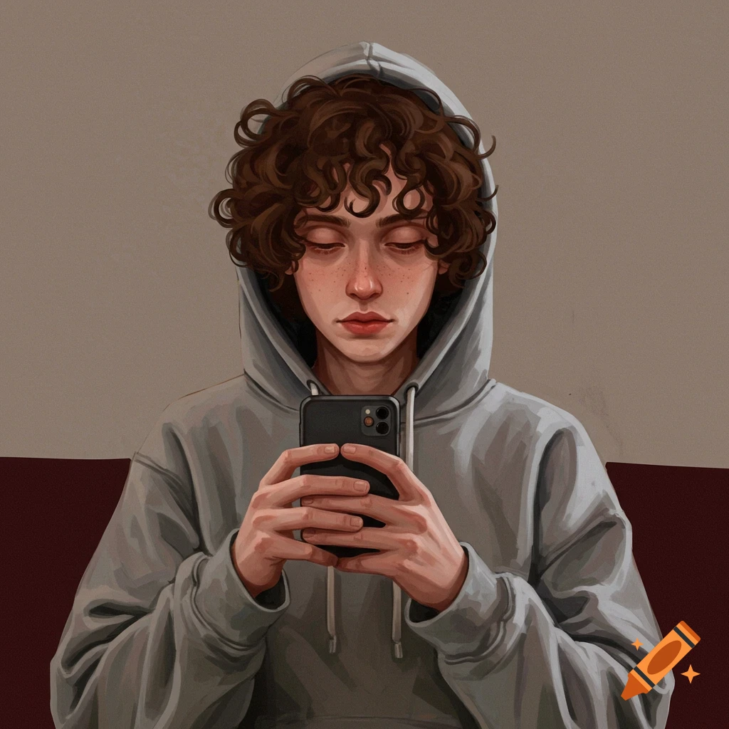 A young person with curly hair wearing a grey hoodie, looking at their phone.