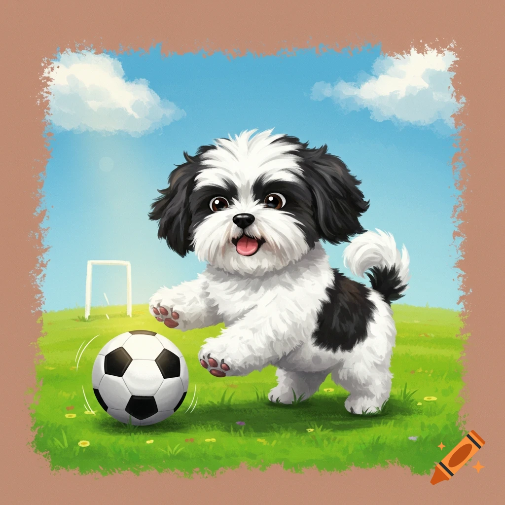 A happy Shih Tzu puppy is playing soccer in a field.