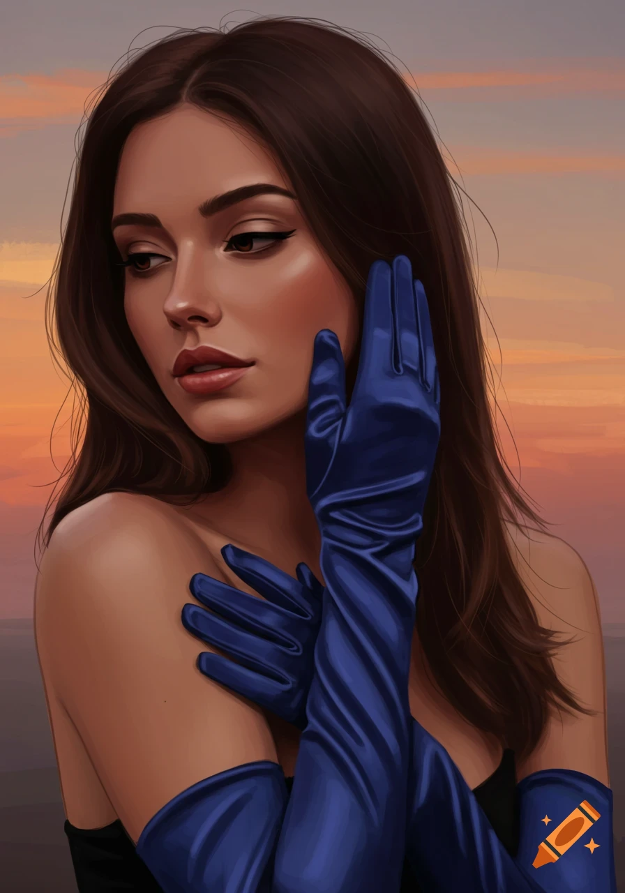A woman is wearing blue satin gloves